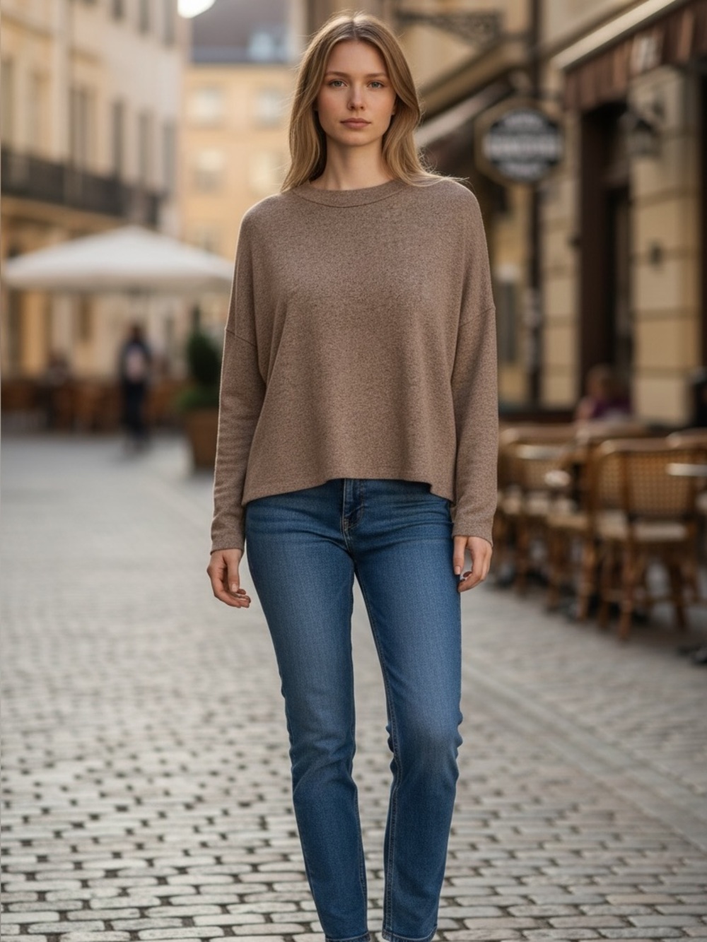 Erin Blair Brown Marled Knit Crew Neck Long Sleeve Relaxed Fit Sweater
